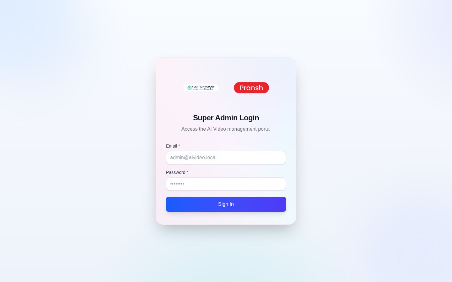 AI Video super-admin login for the organisation-scoped doctor onboarding and video portal
