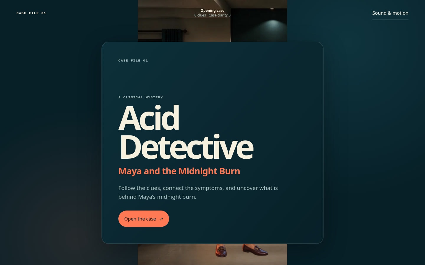 Acid Detective Case File 01 opening screen for Maya and the Midnight Burn