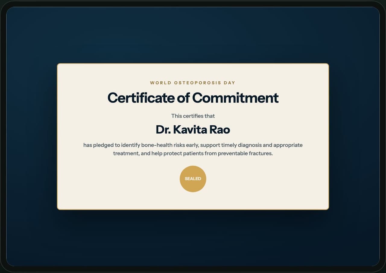 Certificate of Commitment for World Osteoporosis Day with the doctor's name and a gold seal