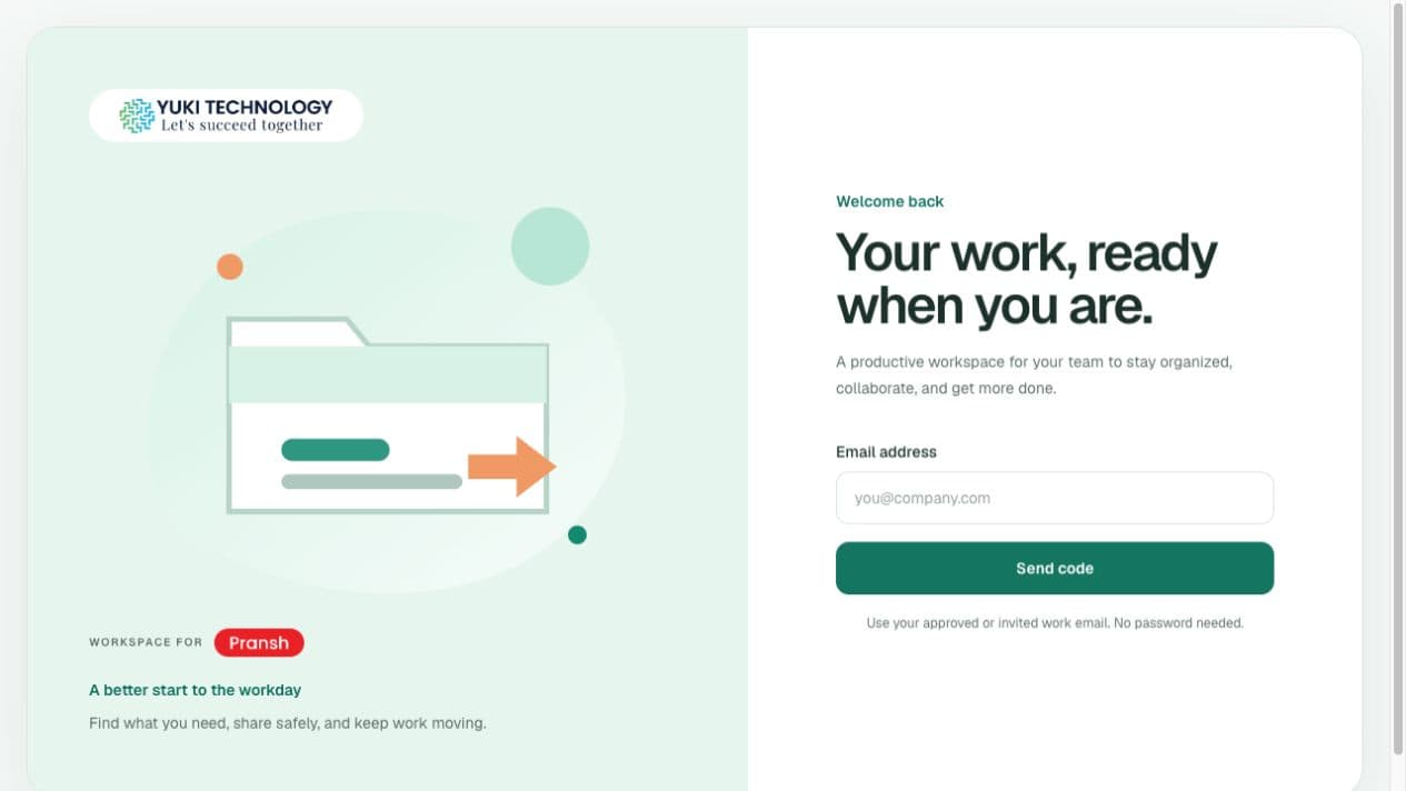 Yuki CRM passwordless sign-in screen with the Fresh Daylight workspace design