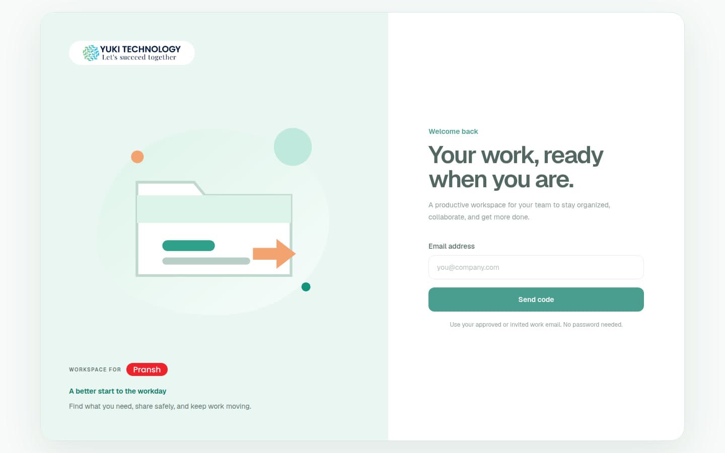 Yuki CRM passwordless sign-in screen with the Fresh Daylight workspace design