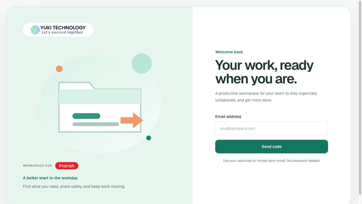 Yuki CRM passwordless sign-in screen with the Fresh Daylight workspace design