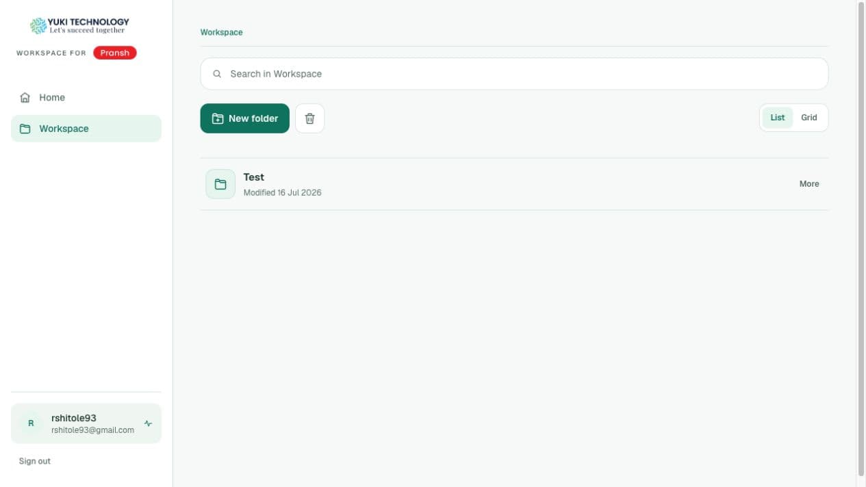Yuki CRM file workspace built by BuildOrbit, showing folders and document controls