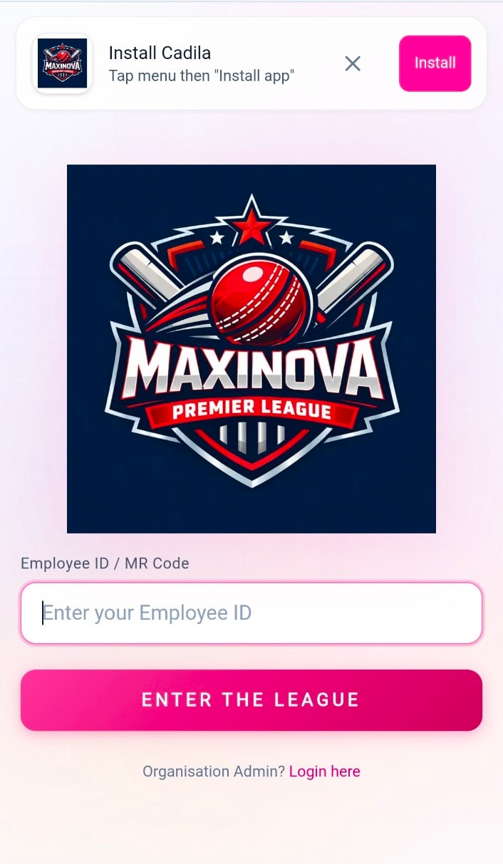 Pharma League login screen with cricket tournament branding