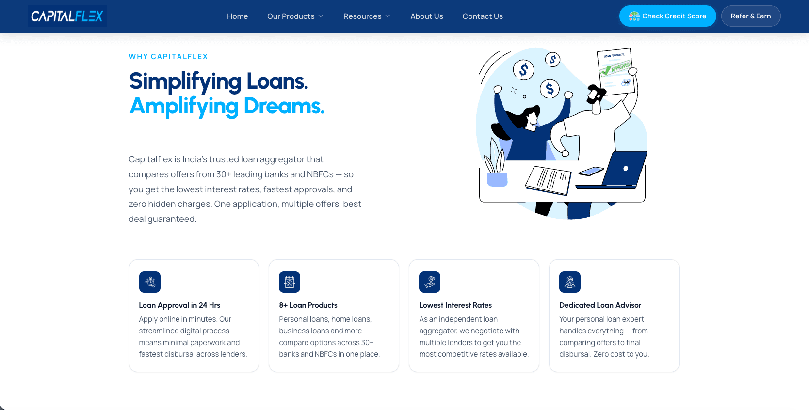 CapitalFlex homepage with loan products and EMI calculator