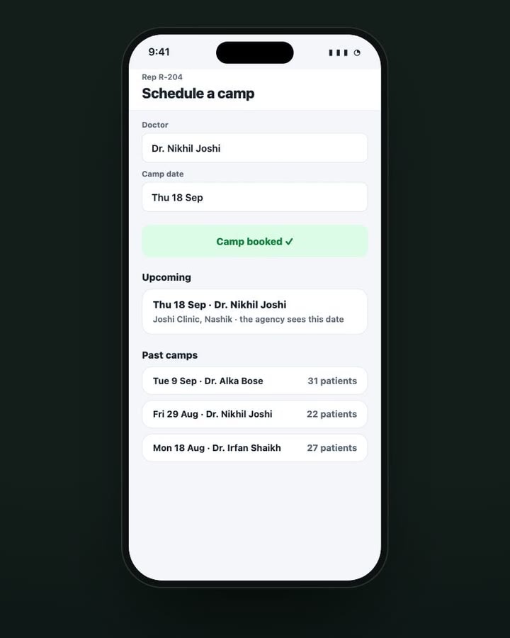Schedule a camp: doctor and date chosen, Camp booked confirmation, and lists of upcoming and past camps