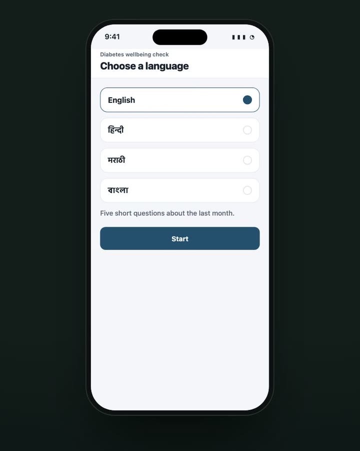 Language choice screen listing English, Hindi, Marathi and Bengali before five short questions