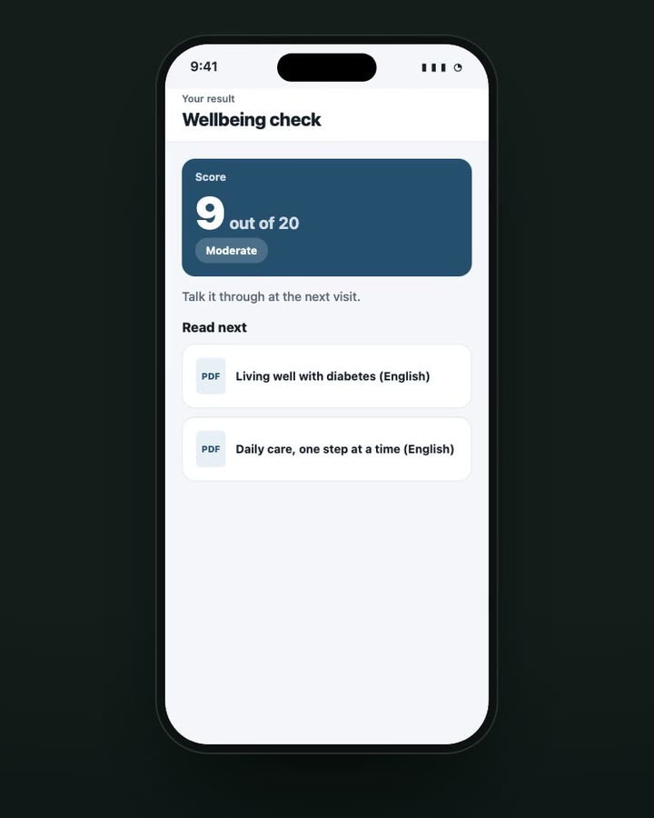 Wellbeing check result showing a score of 9 out of 20 with two suggested readings
