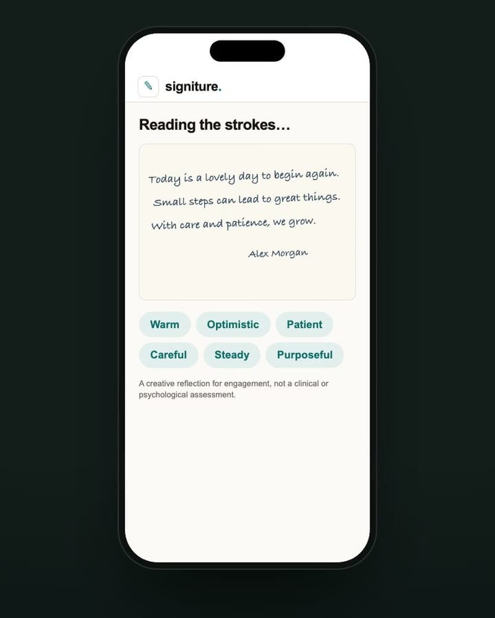 Reading the strokes: the handwriting sample with traits such as Warm, Optimistic and Patient appearing below