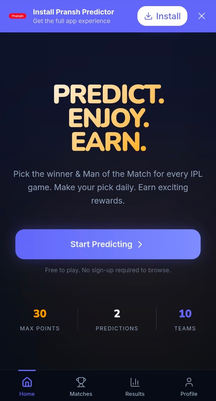 IPL Predictor home screen with upcoming matches and predictions