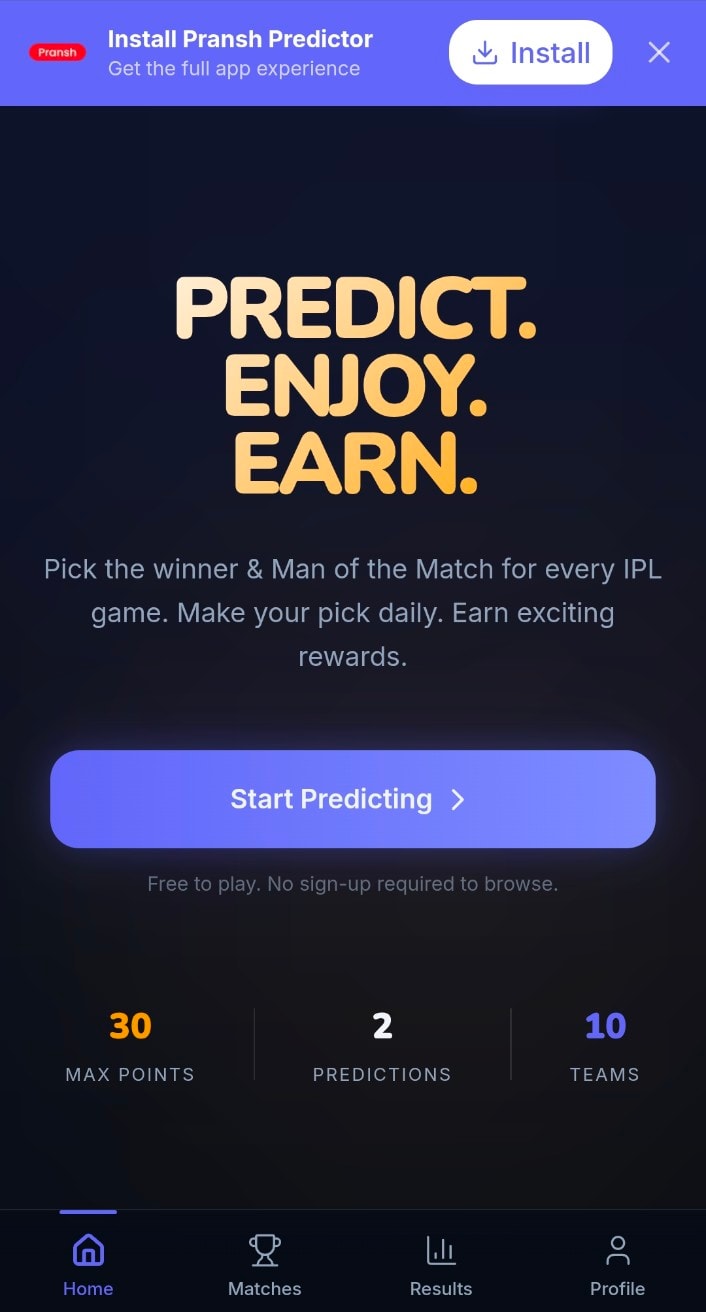IPL Predictor home screen with upcoming matches and predictions