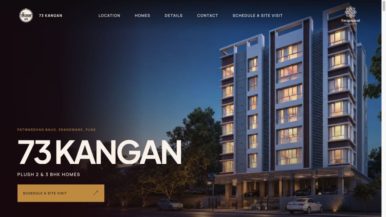 73 Kangan website homepage with cinematic property hero, navigation, and site visit call to action