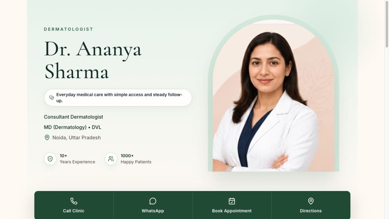 Published doctor microsite with profile, credentials, trust metrics, and direct clinic actions