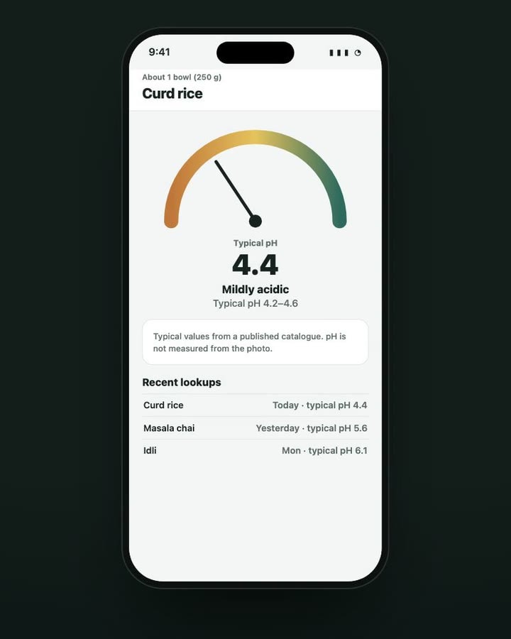 Curd rice result: a pH meter at 4.4, mildly acidic, typical range 4.3 to 4.6, and recent lookups