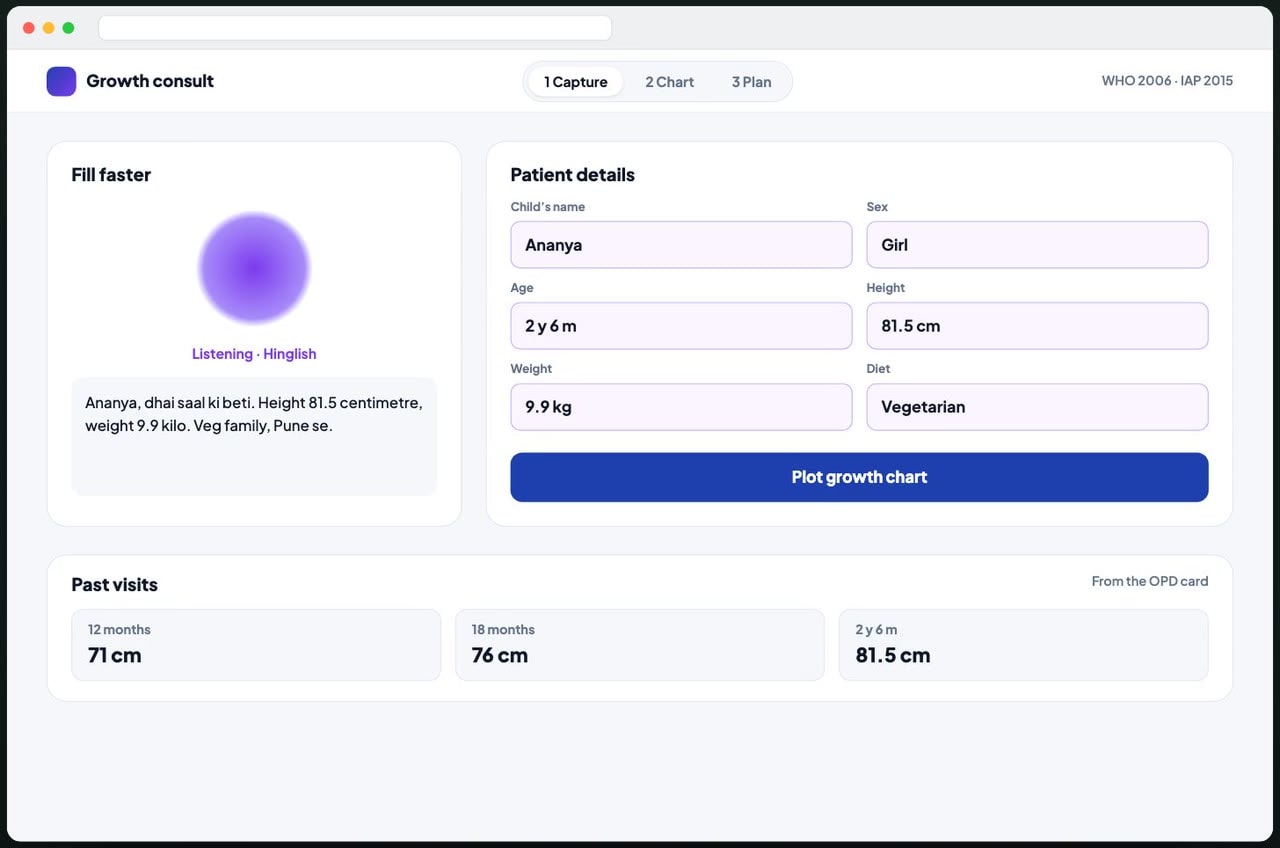 Capture step: a Hinglish dictation transcript beside the filled patient details form and three past visits