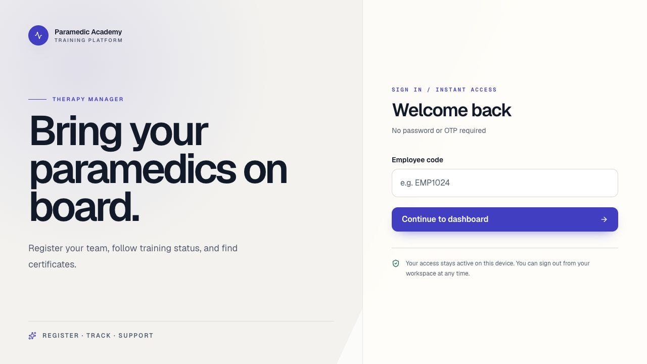 Employee sign-in screen: Bring your paramedics on board