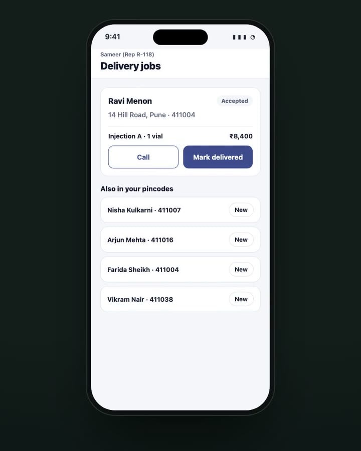 Delivery jobs: an accepted job with address, medicine and amount and a Mark delivered button, with more jobs in the rep's pincodes