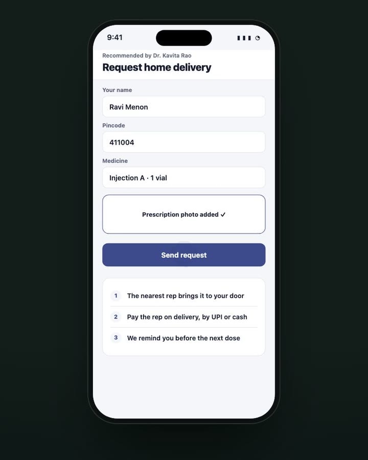 Request home delivery: patient name, pincode, medicine and prescription photo added, with a Send request button