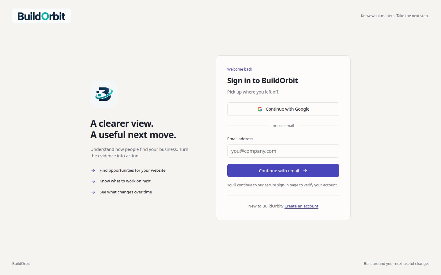 SEO Action Center sign-in with Google or email, positioned around the next useful SEO action
