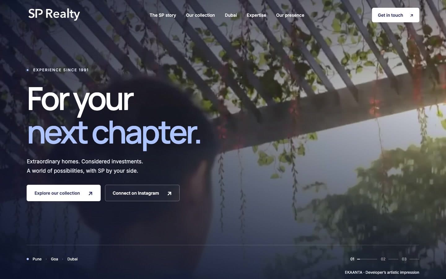 SP Realty homepage with the For your next chapter headline over a property film