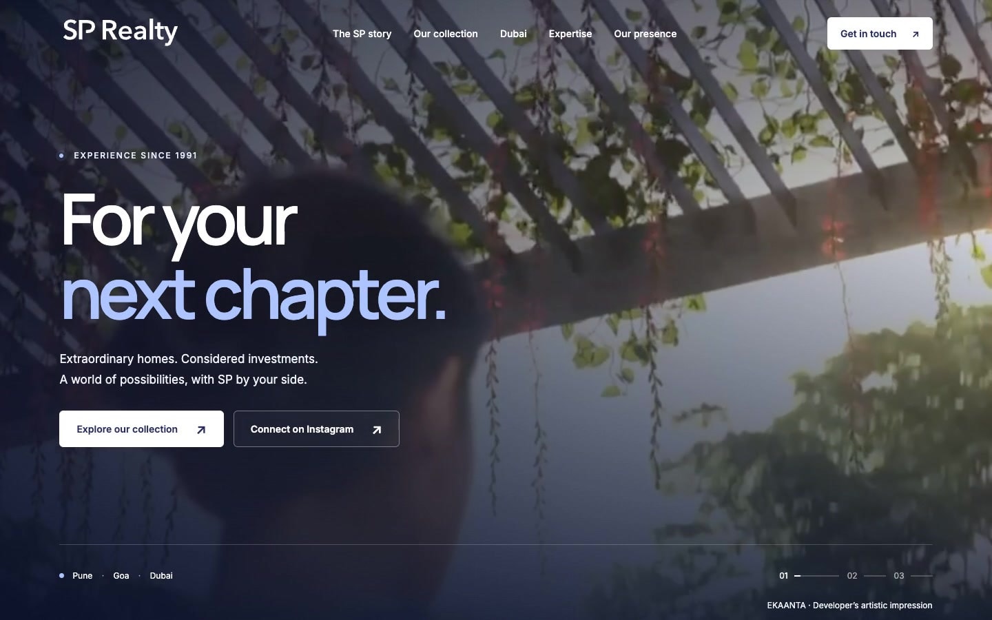SP Realty homepage with the For your next chapter headline over a property film