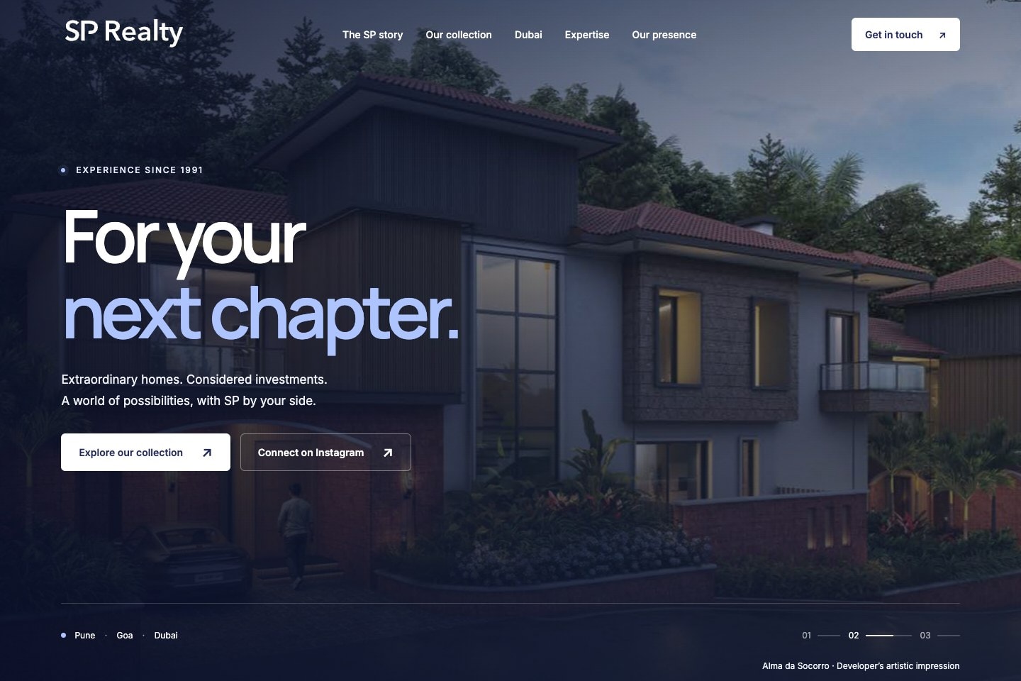 SP Realty homepage with its custom identity, property imagery, and For your next chapter headline