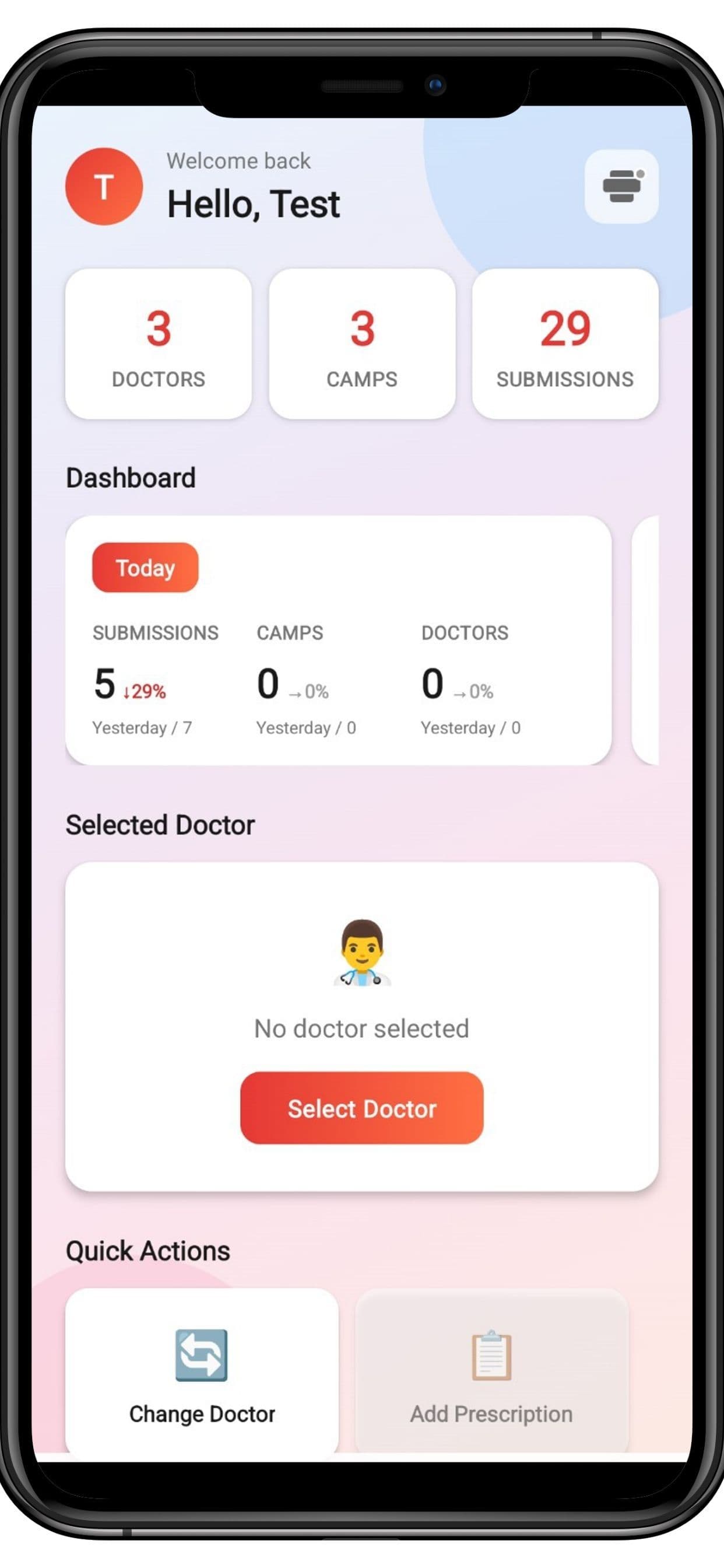 NervNirman mobile dashboard with doctor, camp, submission, and printing workflows