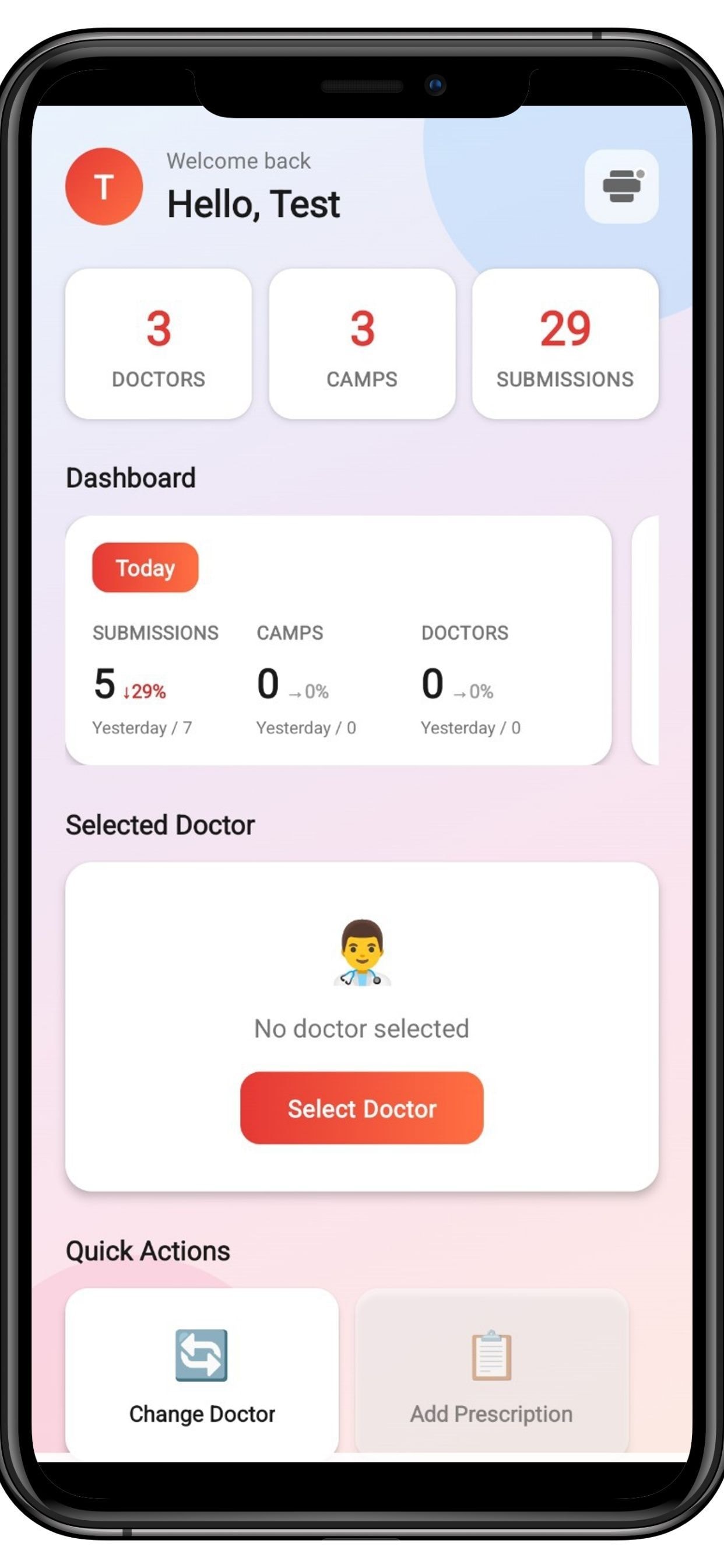 NervNirman mobile dashboard with doctor, camp, submission, and printing workflows