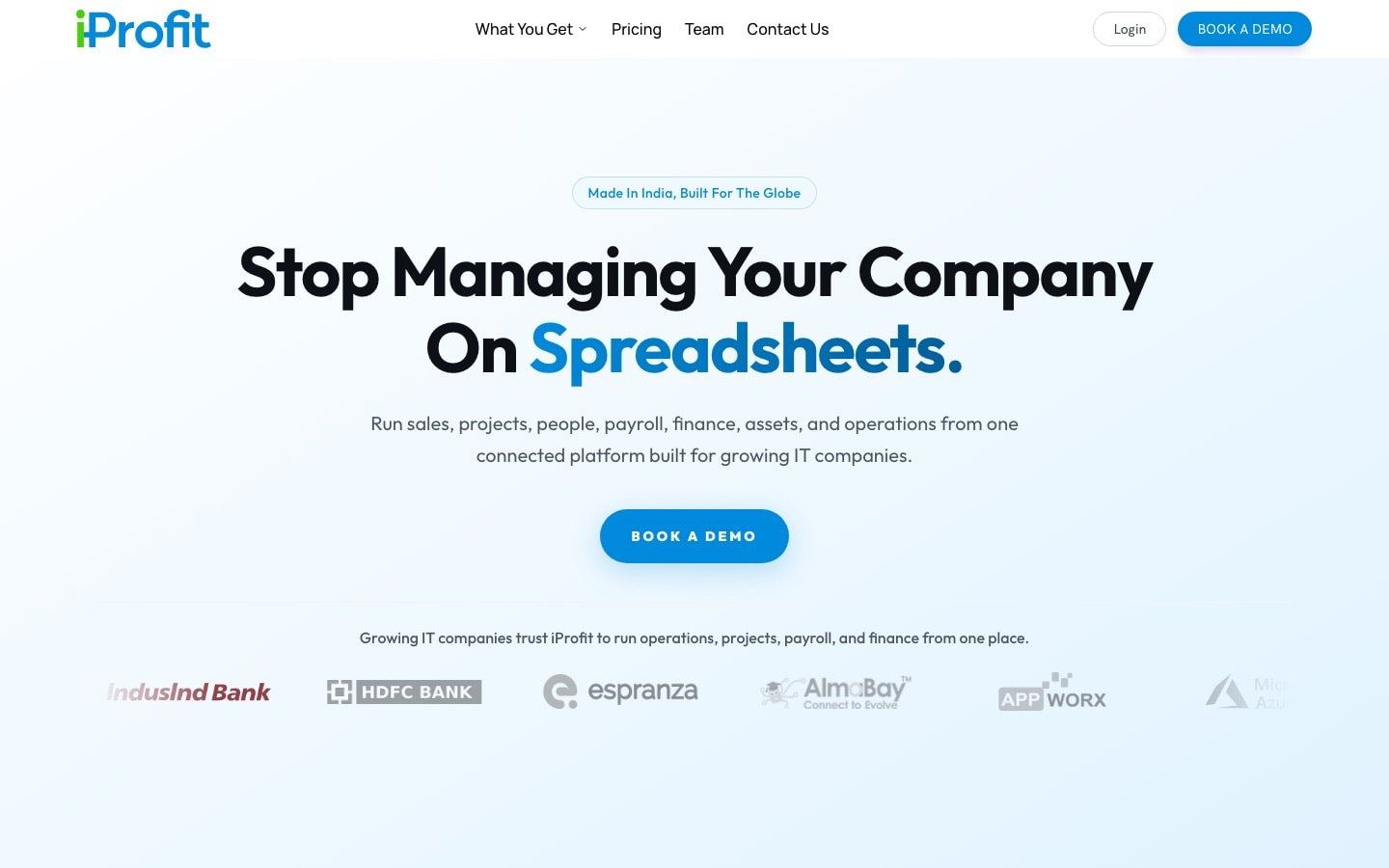 iProfit homepage: Stop managing your company on spreadsheets, with a Book a Demo button and customer logos