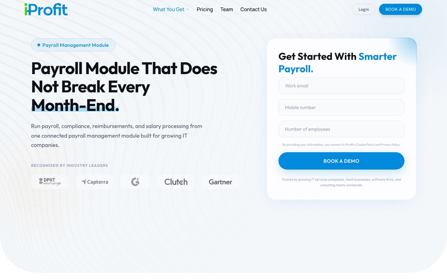 iProfit payroll module page with a demo request form asking for work email, mobile number and team size